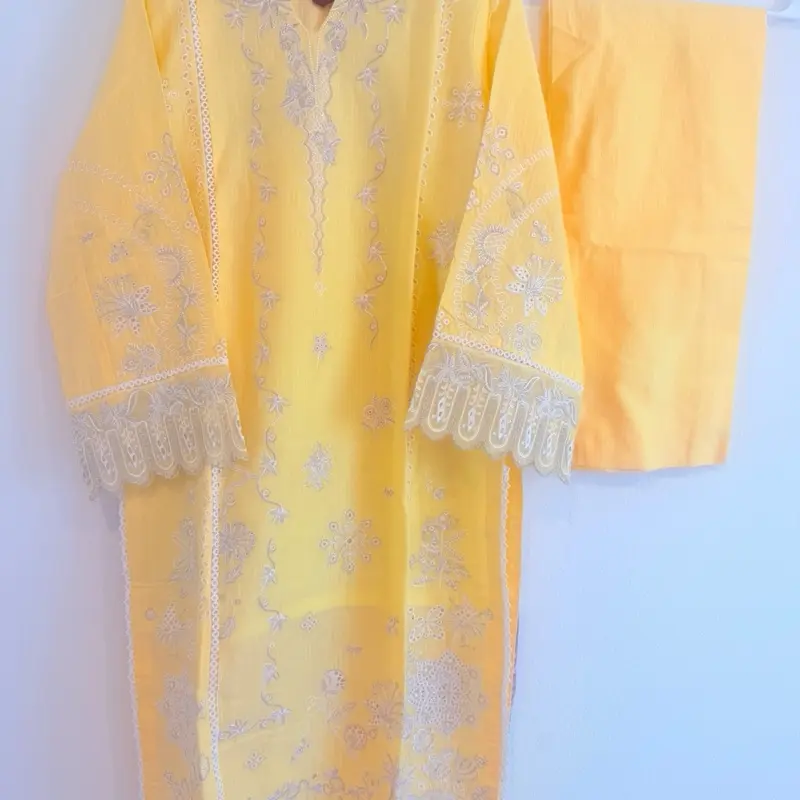 Three piece golden bloom embroidered lawn suit