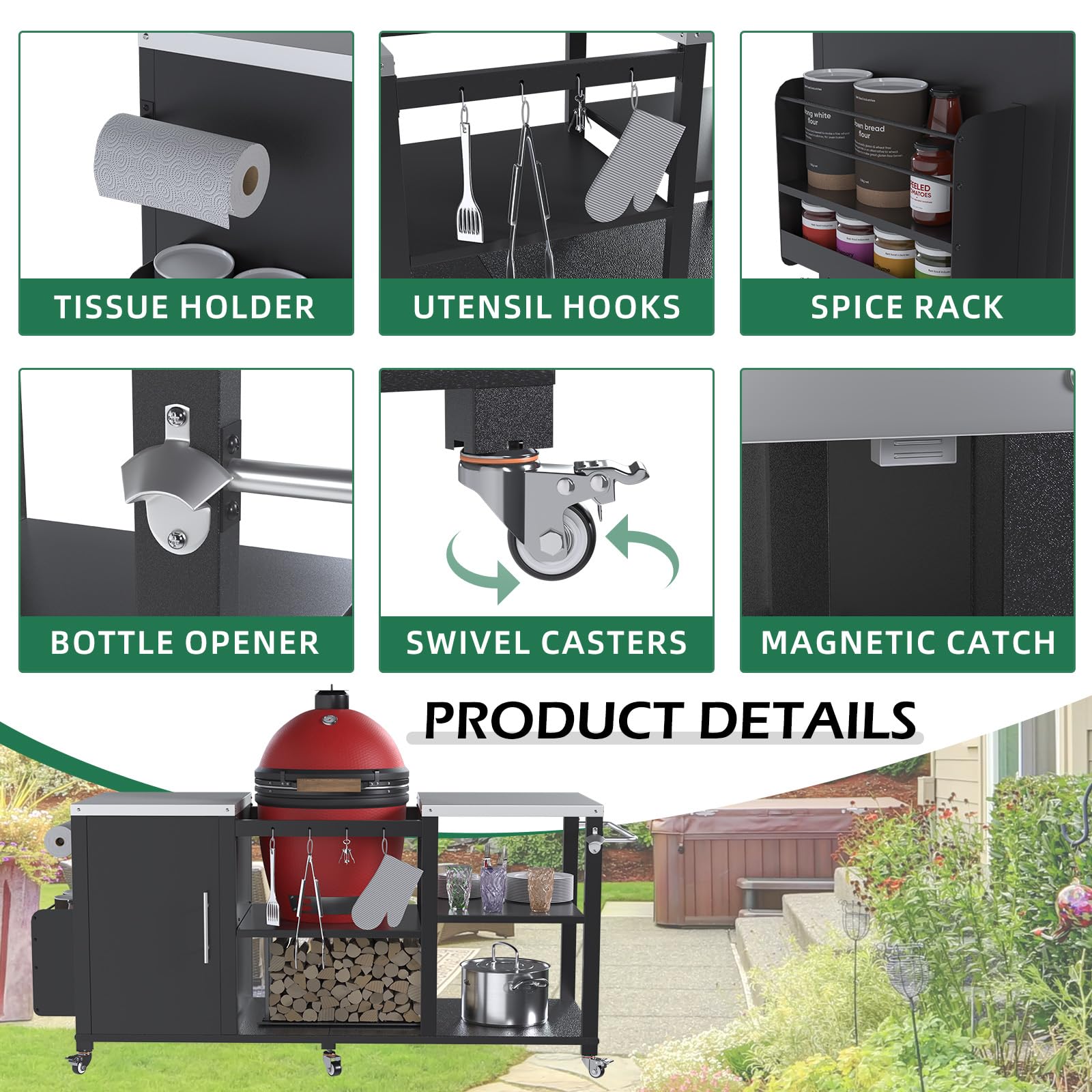 YODOLLA Outdoor Grill Table for Big Green Egg, 69.7" Stainless Steel Grill Cart with Cabinet & Shelves, Heavy Duty 920LBS Outdoor Kitchen Island, Compatible with Large Big Green Egg, Kamado Joe Classic