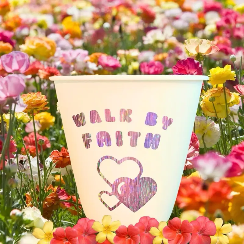 Trash Can Storage Bucket with Walk by Faith Design in pink hologram color