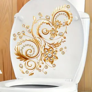 Summervibes4pcs Golden Pattern Removable Toilet Sticker - Easy to Peel Design, Suitable for Bathroom Decoration, Toilet Lid, Toilet Tank Background, Home Decoration, Sticker, Suitable for Toilet Decoration Easter