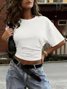 Women's Fashion Top, Loose Fit Oversized Waist Cinch Slimming Solid T-Shirt, European and American Style, Comfortable and Stylish Clothing