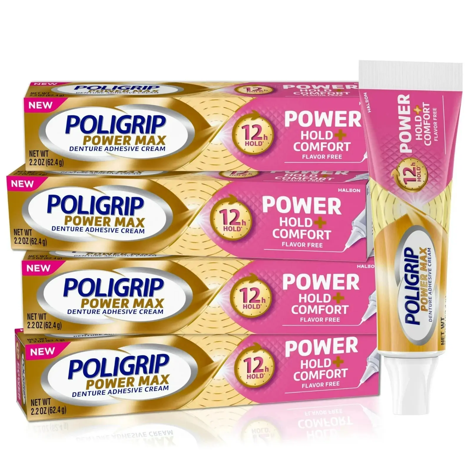 Poligrip Denture Adhesive, Power Max Hold Plus Comfort, 2.2 Ounces Pack of 4