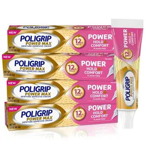 Poligrip Denture Adhesive, Power Max Hold Plus Comfort, 2.2 Ounces Pack of 4
