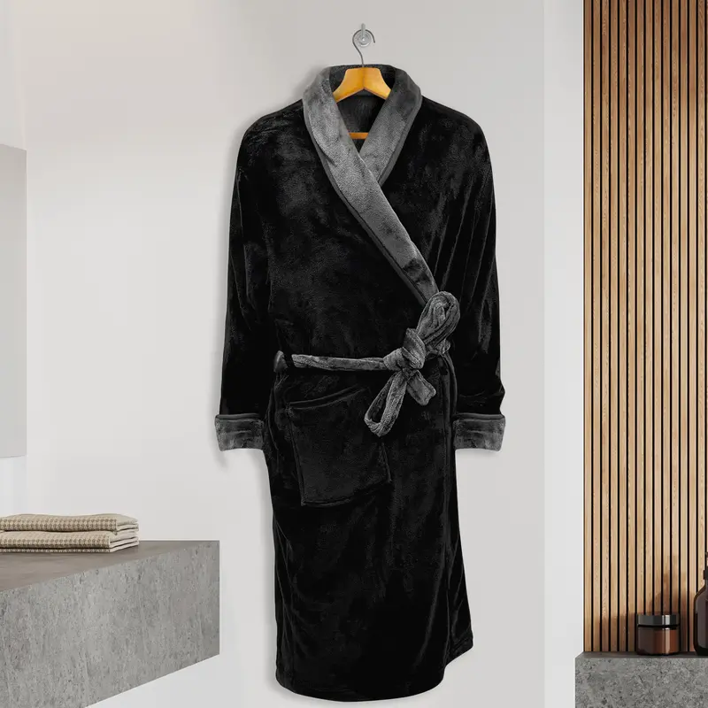 Elegant Comfort Men Shawl Collar Velvet Fleece Bathrobe – Cozy Full-Length Wrap for Home Lounging