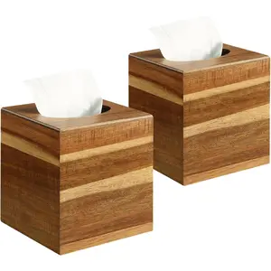 Tissue Box Cover Square - Acacia Wood Tissue Box Holder for Tabletop Night Stands Bathroom Office - Decorative Facial Cube Tissue Box Cover for Modern Farmhouse Decor-Wooden Tissue Box Cover 2 Pack