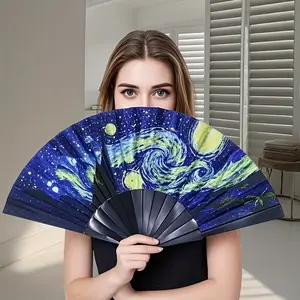 1pc Handmade Starry Sky Folding Fan - Bohemian Style, Lightweight & Durable Plastic, Traditional Cooling Fan with Vibrant Swirling Design, Perfect Gift for Home Decor, Christmas, Halloween, Thanksgiving, Valentine'S Day, Decorative Folding Fans