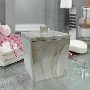 212 MAIN Ribbed Stainless Steel & Stone Hedge Resin Cosmetic Organizer Box - Decorative Accessory Container for Vanity, Bath (Cotton Swabs & Cotton Accessories Storage)