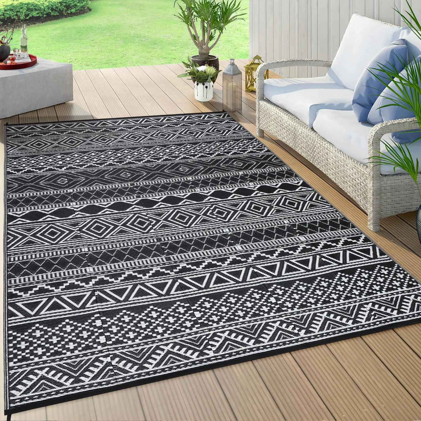 Gaomon 9x12 ft Black and White Plastic Rectangular Outdoor Rug Mats - Durable, Portable, Stain Resistant, Easy to Clean, Ideal for RV, Patio Use