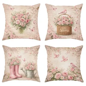4pcs,  Spring Themed Throw Pillow Covers, Pink Beige Series, Spring Floral Vintage Design, Floral Designs, Home Decor for Living Room Sofa and Bedroom, Suitable for Spring and all Seasons Decoration, 2D Flat, Single Sided Printing, No Pillow Core