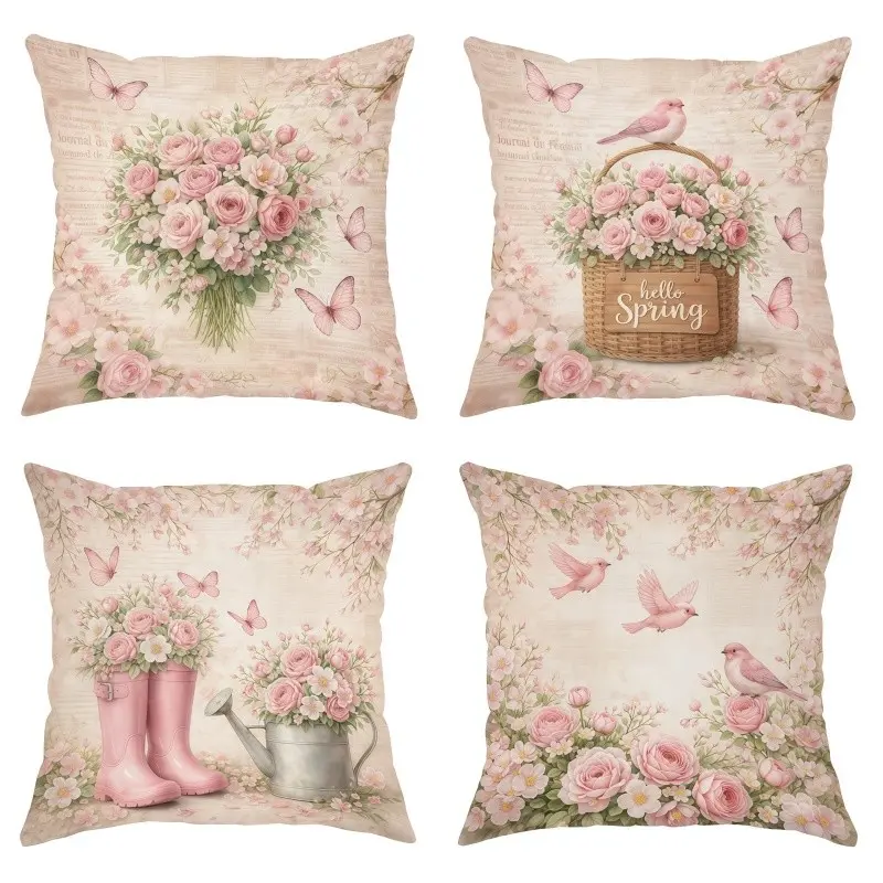 4pcs-Spring Themed Throw Pillow Covers, Pink Beige Series, Spring Floral Vintage Design, Home Decor for Living Room Sofa and Bedroom, Suitable for Spring and all Seasons Decoration, 2D Flat, Single Sided Printing, No Pillow Core, Sofa Cushion Cover