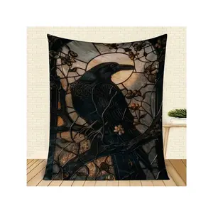Gothic Stained Glass Black Raven Tapestry with Floral Branches & Sunset Glow