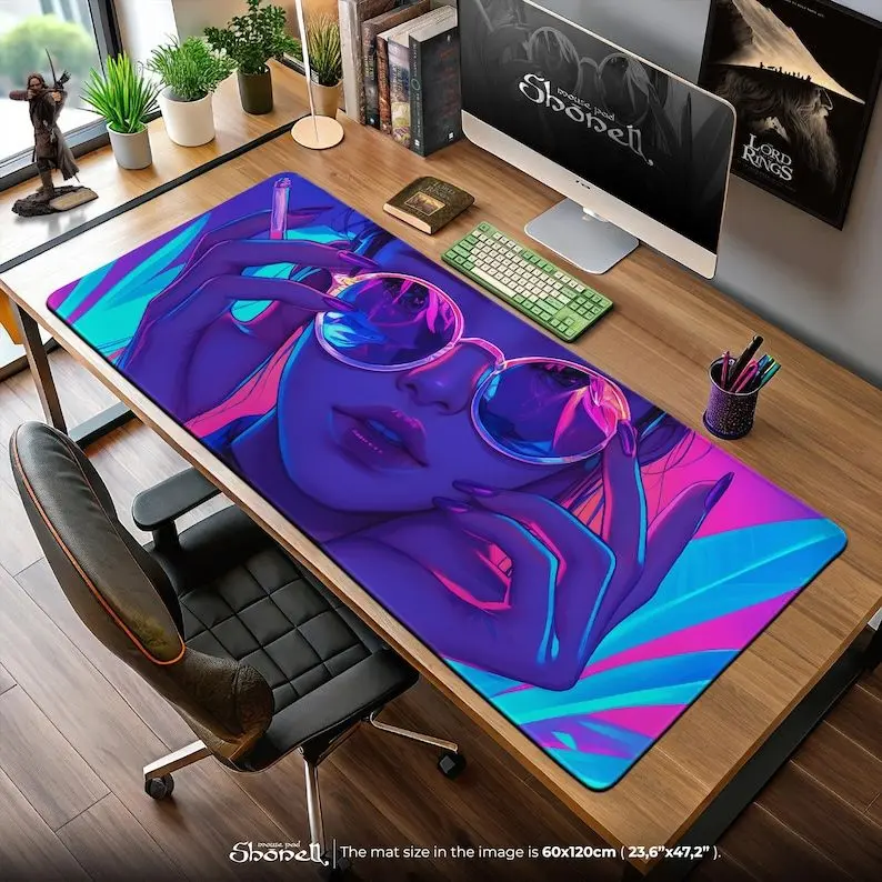Vaporwave Girl Neon Mouse Pad - Retro Synthwave Desk Mat, Aesthetic Gaming Mat, Cyberpunk Decor Gift for Gamers