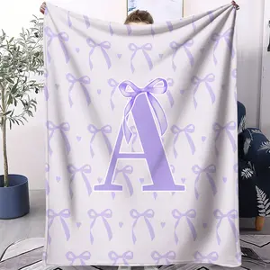 Cute Purple Bow Printed Flannel Blanket, Creative A-Z Alphabet Design Warm Covering Throw Blanket, Comfortable Fluffy Home Leisure Decorative Blanket, for Sofa, Office, Car, Camping, Traveling Multifunctional Blanket, Fashion Gift Blanket