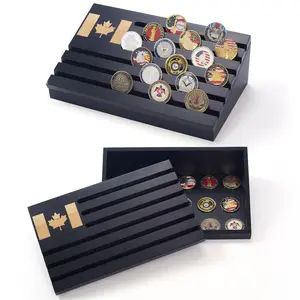 Wooden Military Challenge Coin Display Organiser, Black Artista Vision Storage Box with Engraved Canada Flag
