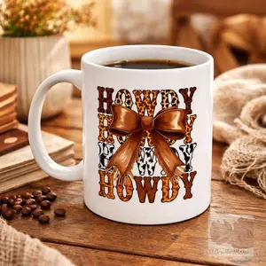 Howdy Cow Print Leopard Bow Mug Western Cowgirl Coffee Cup Cute Country Farmhouse Aesthetic Gift for Her Cowgirl Gift Ideas Rustic Kitchen Decor Fall Cozy Coffee Mug Cute Girly Western Vibes Birthday... Washable Ceramic Reuse Drinkware Glossy Reusable