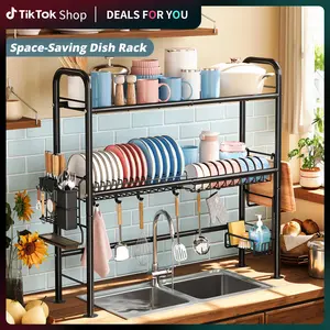 【Holiday Deals】MiAoli Over Sink Rack Kitchen Over The Sink Dish Drying Rack Organizer Large Space Saving Dish Drainer Countertop Dishes Rack On Counter Caddy Utensil Metal Organizer 1&2 Tiers