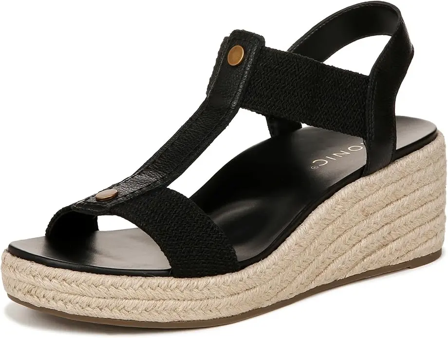 Vionic Womens Calera Wedge Sandal - Black Leather I8654L2001