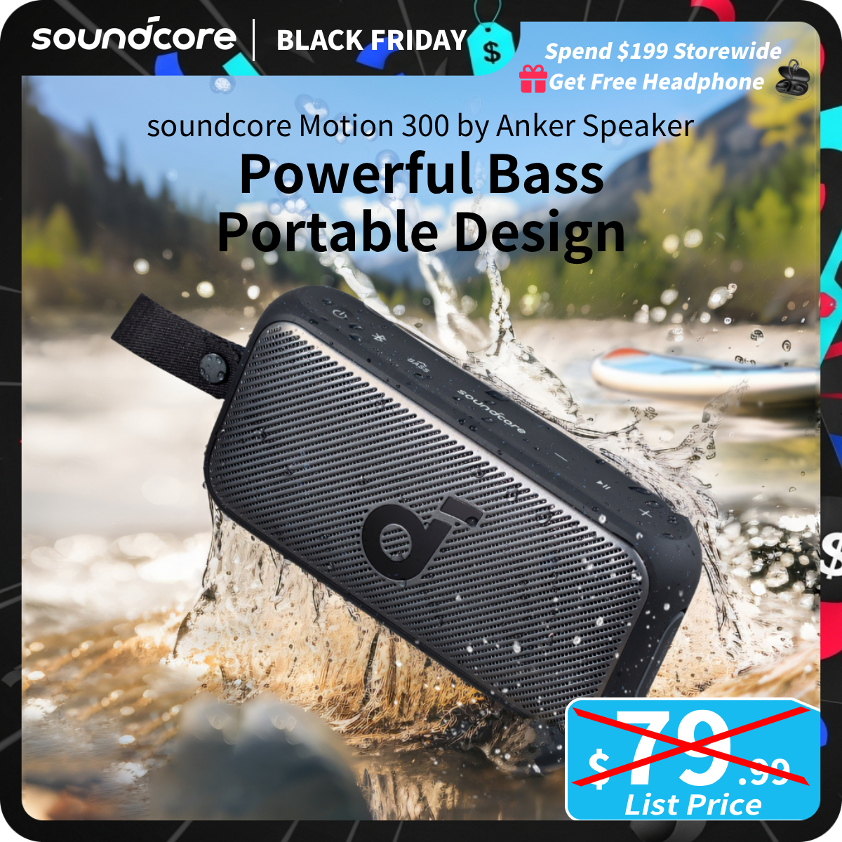 [TikTokShopBlackFriday] soundcore Motion 300 by Anker, Bluetooth Speaker, Wireless Hi-Res Portable Speaker, IPX7 Waterproof, BassUp, Bluetooth 5.3, 30