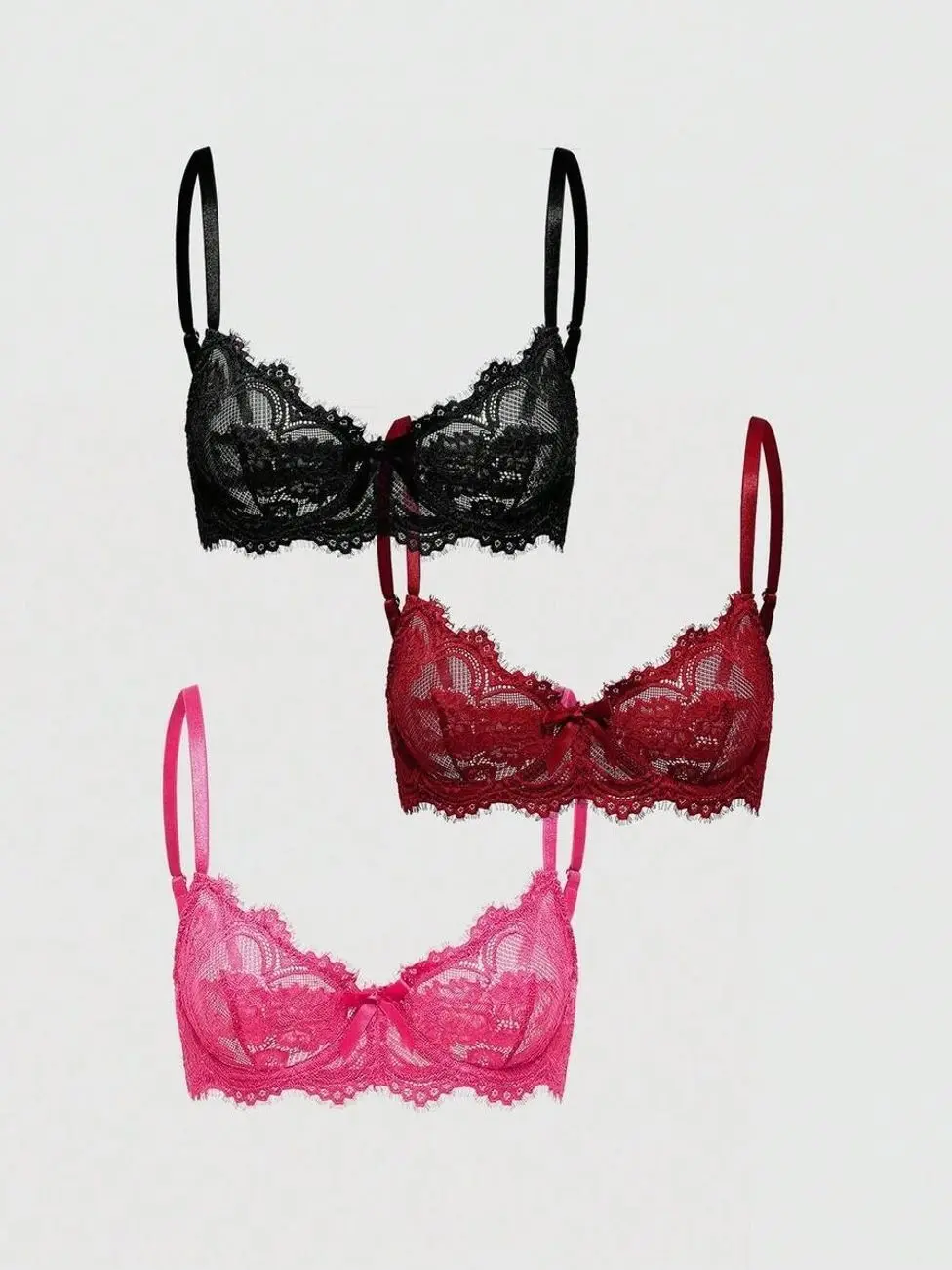 3pcs Lace Trim Underwire Bra Set, Supportive Casual Everyday Lingerie, Comfortable Uplift Bras for Women