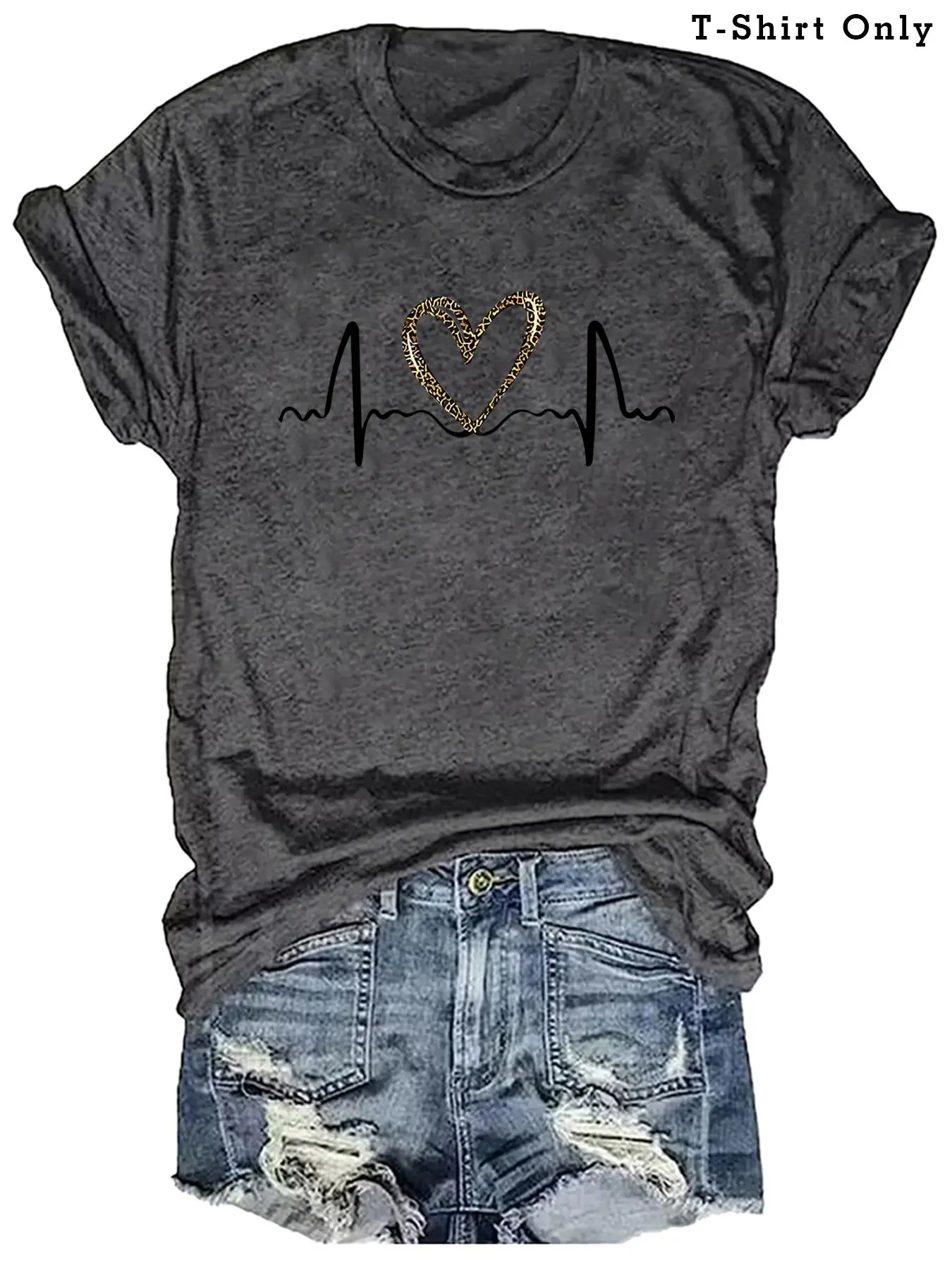 Plus Size Heart & Heartbeat Print Round Neck Tee, Casual Short Sleeve Fitted T-Shirt for Summer, Women's Plus Clothing for Daily Wear, Womenswear