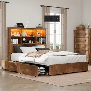 AMERLIFE Full/Queen/King Size Bed Frame with Storage Bookshelf Headboard, Industrial Wooden Bed Frame with Charging Station & 4 Drawers, No Box Spring Needed/Luxury Bedroom Furniture