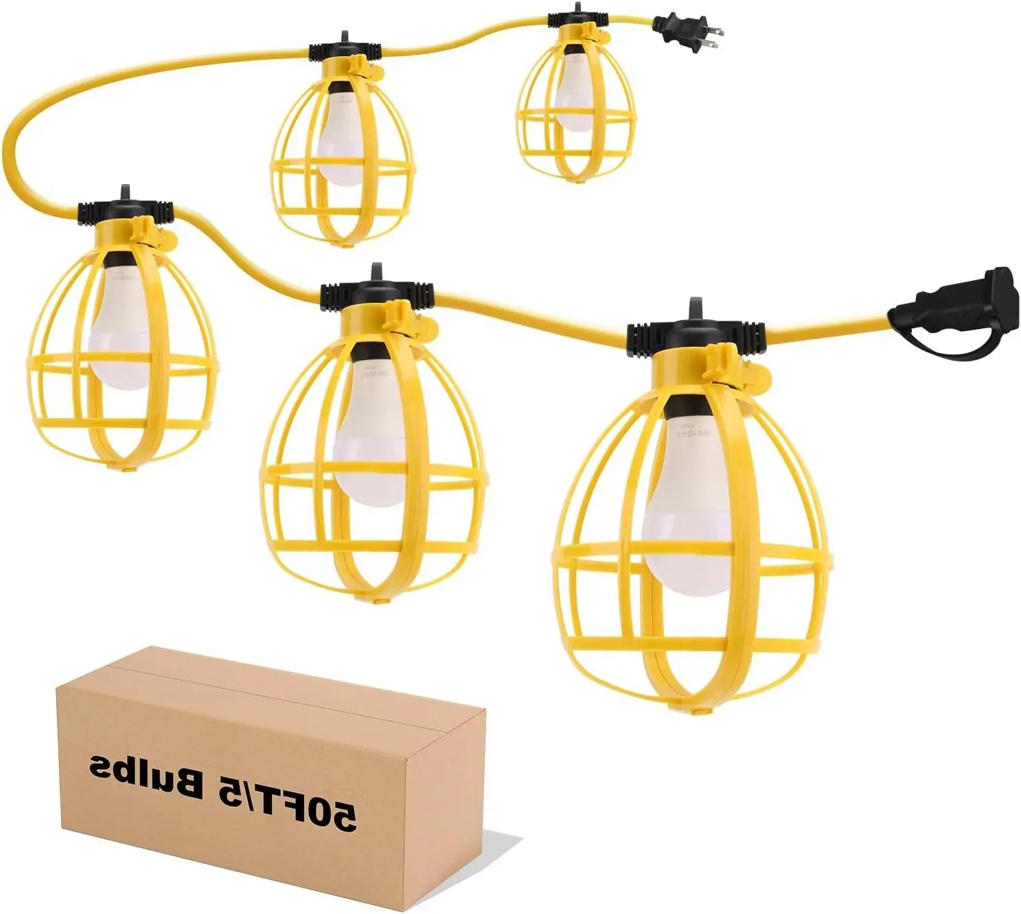 Construction String Lights, 50FT 50W 5 Bulbs Work Lights with E26 Base, IP65 Waterproof, 4000LM 6500K Indoor & Outdoor Temporary Lighting for Workshop, Mine cave, Job Site