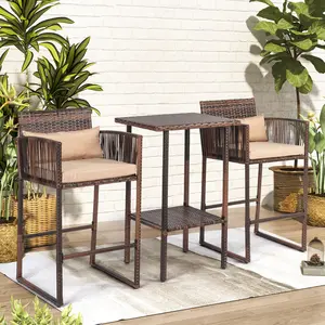 Ubesgoo 2-Person Outdoor Furniture Set, Two Rattan Bar Stools With Cushions And Side Table