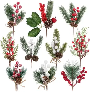 Artificial Christmas Picks for Floral Arrangement, 10 Pack Wreath & Holiday Decor - Red Berry, Pinecone, Frosted Cedar & Holly Leaves Winter Greenery Islafeliz