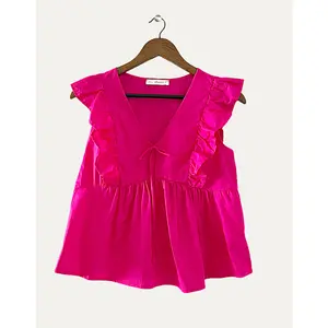 Ces Femme Ruffle Sleeve V-Neck Peplum Top, Fuchsia