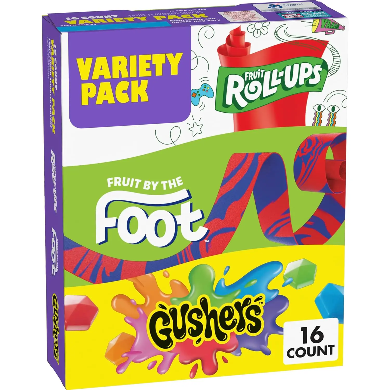 Fruit Flavored Snacks Variety Pack, Gluten Free, 16 ct, 10.2 oz | Fruit Roll-Ups, Fruit by the Foot, and Gushers, Individually Wrapped, Good Source of Vitamin C