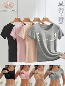 Women's Round Neck Short Sleeve T-Shirt with Padded Bra, High Stretch Comfortable Slim Fit, Essential Daily Wear or Sport Top, Everyday Tops, Gym T Shirts