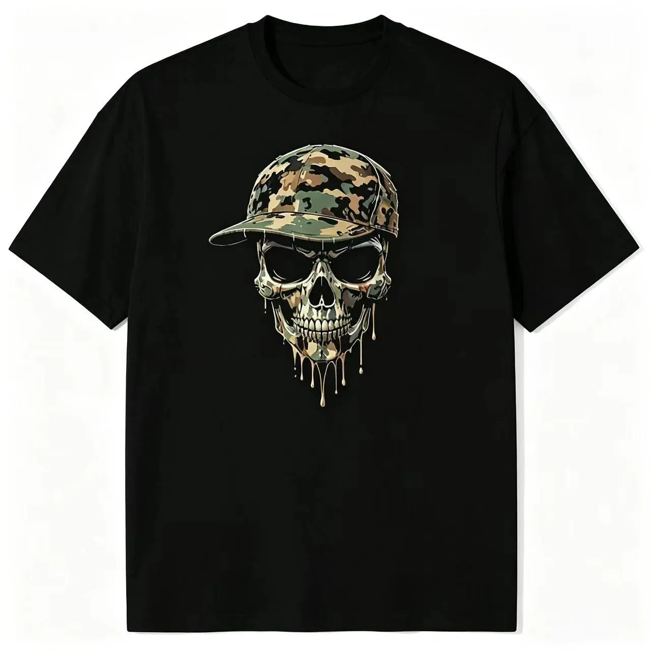 Camouflage Cap Dripping Paint Skull Streetwear Graphic Black T-Shirt (No Box Included)