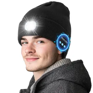 Bluetooth beanie with light, unisex USB rechargeable 6‑LED headlamp hat with cordless headphones, unique Christmas/birthday gifts for men and husbands, teen warm knit balaclava for outdoor activities, skull cap, cycling, spider web design, sports, lightwe