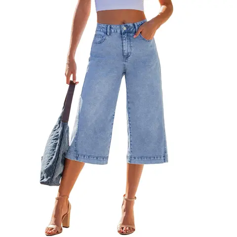 GRAPENT Women's High-Waist Stretchy Cotton Jeans - Basic Casual Trousers with Side Seam Detail, Below-the-Knee Summer Pants, Back-to-School Bottoms