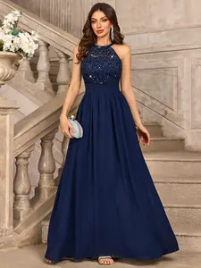 MIUSOL 24447A Women's Sequin Lace Sleeveless Halter Tie Back Ruched Waist Design Formal Evening Gowns Maxi Dress for Formal Event, Evening Party, Banquet, Festival, Quinceaneradress, Bridesmaid Dress