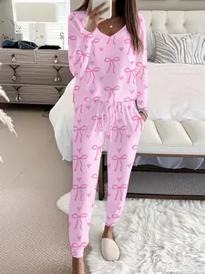 Women's Bow Print Casual Set, Long Sleeve V Neck Top & Tie Waist Pants, Spring & Fall Home Wear, Ladies Loungewear Sleepwear Pajamas