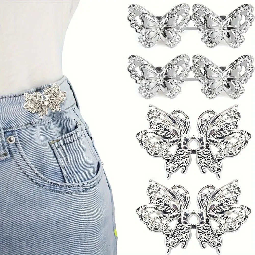 4 Pairs Waist Tightener Clips Secure, Adjustable Snap Fasteners for Loose Jeans, Seamless Tool-Free Jean Closure, Butterfly Instant Pin Buckles