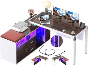 L Shaped Desk with File Cabinet and Power Strip, Reversible Corner Office Desk with LED Lights, Large L-Shaped Computer Desk with Drawer and Storage for Home Office, Soft Cushions, Espresso