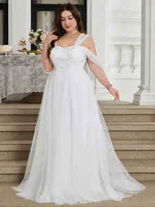 Elegant Plus Size V Neck Backless Sequined Embroidered Mesh Dress, Waist Cinching Draped A-Line Wedding Gown, Pure Color Party Dress