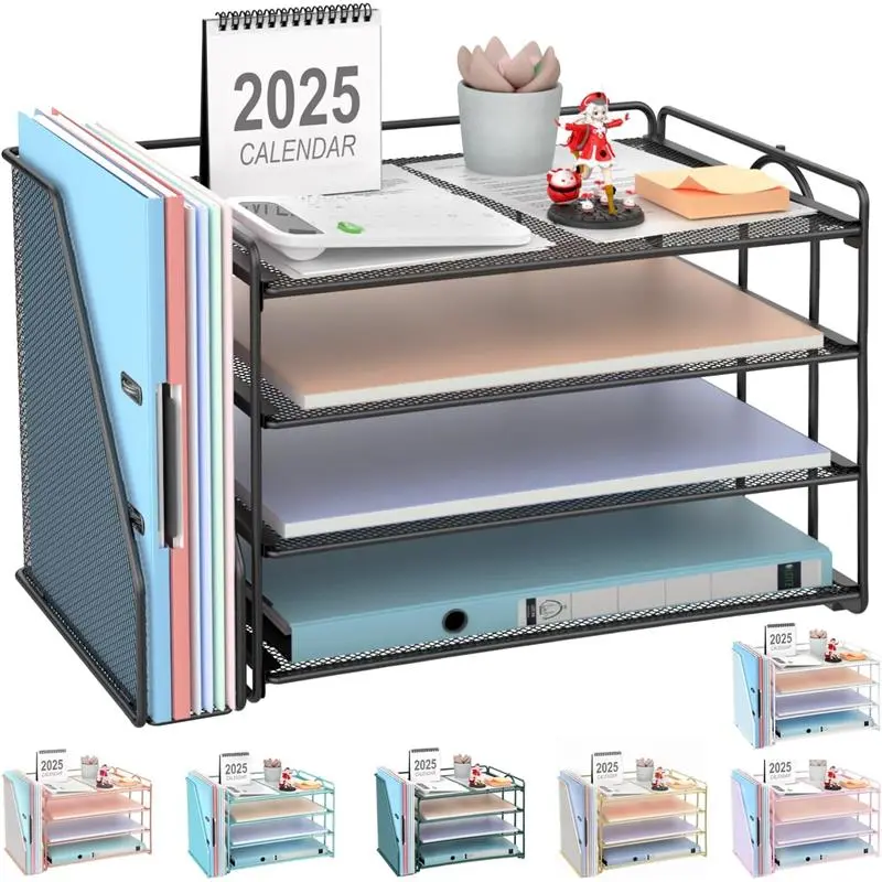 4-Tier Paper Organizer with Magazine Holder, Desk Accessories, File Organizer for Office Supplies, Black, Multi-Tier Storage