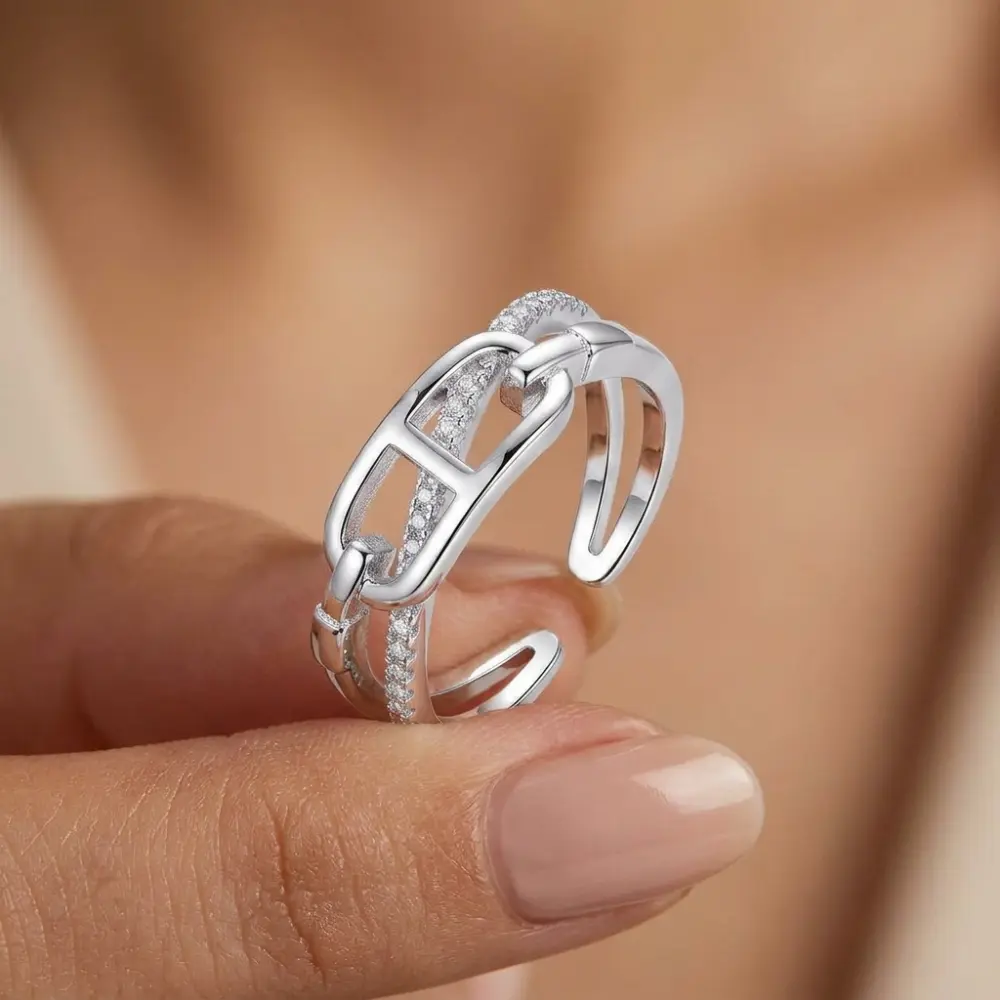 Adjustable Silver Chain Link Zircon Open Ring, Hollow CZ Statement Ring, Trendy Minimalist Costume Jewelry