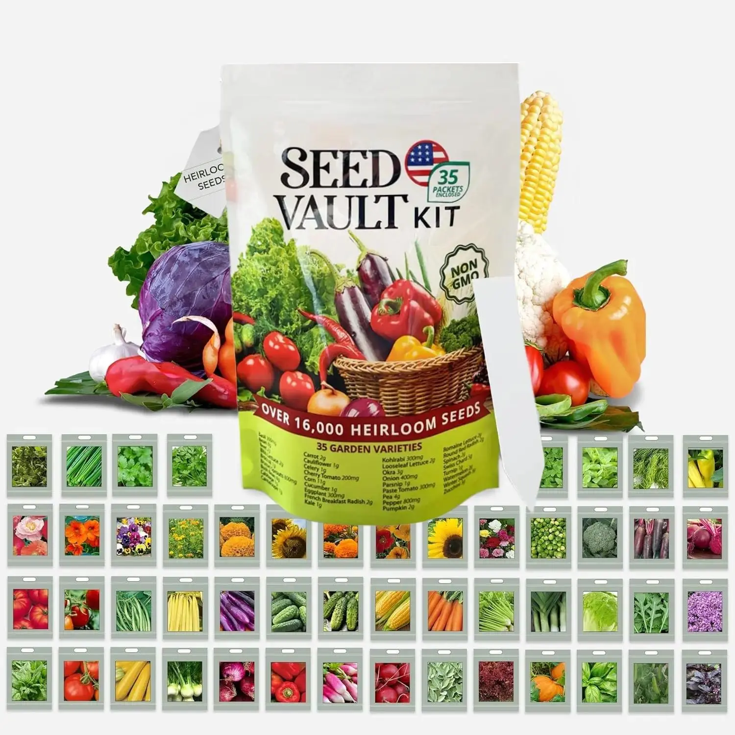 SEED VAULT 35 Vegetable Seeds Pack-16,000+ Seeds for Spring Fall Winter Garden Kit Survival Seed Vault for Preppers & Gardeners Gift for Men Women