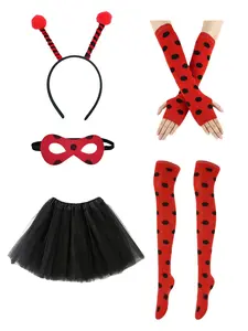 5-Piece Lady Beetle Costume Set, Antenna Headband Mask, Ballet Dress, Long Gloves, Stockings, Perfect for Halloween, Cosplay, Party Gifts, Dot