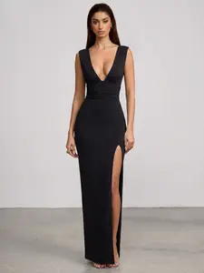 [NEW] Azazie Gianna Plunge Neck Ruched Waist High Split Sculpting Maxi Dress