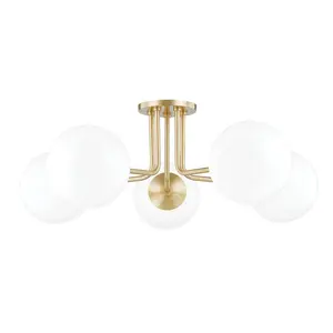 Stella 5-Light Semi-Flush Ceiling Light with Glossy Opal Glass in Aged Brass, Bronze, or Nickel