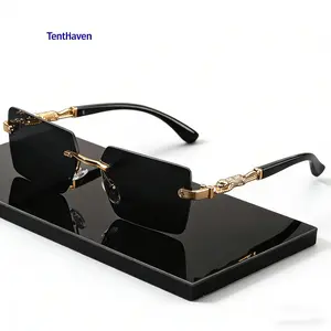 1pc Rimless Rectangle Sunglasses: Luxury Gold-Accent Compact Square Shades for Unisex Beach & Travel with UV400 Protection