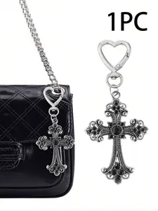 Gothic Style Cross-Shaped Bag Charm, Heart-Shaped Keychain, Stylish Keychain, Metal Key Ring Purse Bag Backpack Car Charm Earphone Accessory, Suitable For Women & Girls, Bag, Western Style