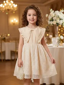 Girls' Summer Elegant Bow Peter Pan Collar Dress, Sleeveless Loose-Fitting Party Gown, Perfect for Girls' Summer Events