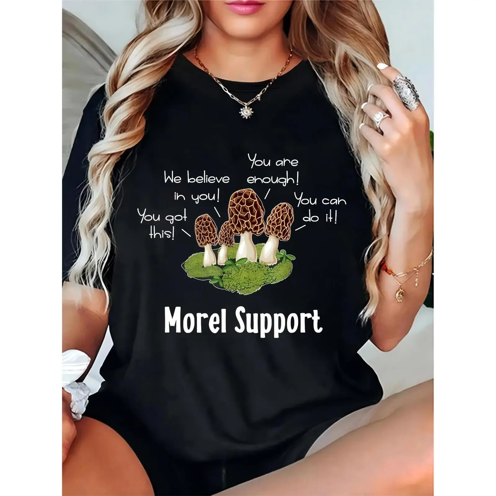 Women's 100% Cotton Digital Print Morel Mushroom "Morel Support" Slogan Short-Sleeve Crew Neck T-Shirt, Lightweight, Breathable, Loose-Fitting, Machine Washable, Casual Daily Wear Gift for Mushroom Lovers