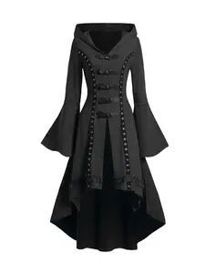 Grommet Gothic Hooded Top High Low Hem Buckle Flare Sleeve Frilled Top Halloween Costumes Trench Coat Tops 2024 New